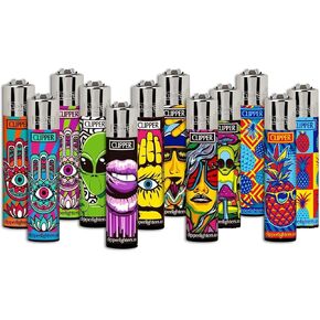 Clipper - Classic Large Reusable Lighter - Iconic Premium Refillable Lighters Bulk Pack - Replace Butane, Flint, and Spark Wheel for Unlimited Lights - 12 Pack - Assorted Designs