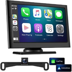 Wireless Apple Carplay Screen for Car:Sunlight Readable HD Touchscreen with Wireless Android Auto,Backup Camera,Portable Carplay with Voice Control,AUX,FM Transmitter for Most Vehicle