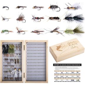 Goture Fly Fishing Flies Kit, 54pcs Dry Wet Flies Streamers Nymphs with Wooden Fly Box, Bass Trout Steelhead Salmon Lures Set Assortment Kit, Gifts for Men