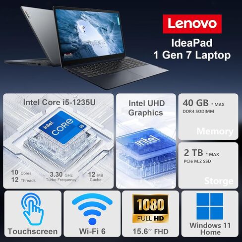 Lenovo Ideapad 1i Laptop ، 15.6 "FHD Touchcreen ، Intel Core I5-1235U Processor ، 24GB RAM ، 1TB SSD ، WebCAM ، HDMI ، Wi-Fi 6 ، Windows 11 Home ، Blue in Saudi Arabia