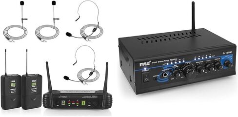 Pyle 2 Channel Wireless Microphone System - Portable UHF Digital Audio Mic Set with 2 Headset, 2 Lavalier lapel, 2 Transmitter, ¼’’ cable, power adapter - For Karaoke, PA, DJ, - PDWM3400,Black in Kuwait