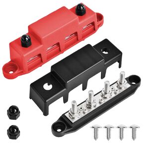 Bus Bar 250A 12V Power Distribution Block 4 x 3/8"(M10) Studs for Automotive Marine Car Audio, 12 Volt Battery Busbar Terminal Block with Waterproof Cover (Pack of 2, Positive & Negative)