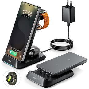 Kpon Wireless Charging Station for Samsung Apple Thick Cases of 10MM/Otterbox/Popsocket, Wireless Charger for Android iPhone Apple Watch Samsung Galaxy S25/24/Z Flip/Fold/Galaxy Watch Ultra/7/6