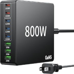 800W USB C Charger Block Charging Station 8 Port Fast GaN Chager 140W 160W PD PPS HUB for Laptop MacBook Charger Compatible with MacBook Pro/Air/All iPad iPhone 16/15/14/13/Pro Max/Galaxy Note