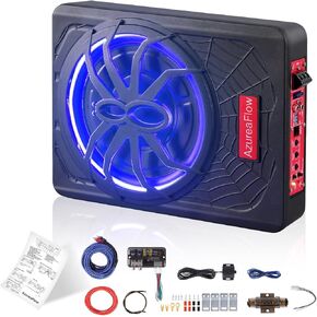 𝙐𝙥𝙜𝙧𝙖𝙙𝙚 10" 1200W Slim Under Seat Car Subwoofer with Amp and Blue LED Lights, Enhanced Bass and Superior Heat Dissipation, Fit Truck SUV Jeep MPV for Passionate Driving, 1-Yr Service