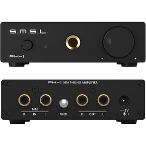 SMSL PH-1 Phono Preamp for MM Turntable, Mini Home Stereo Audio Preamplifier for Phonograph/Record Player/Active Speakers, RCA/6.35mm Headphone Amplifier Pre-amp with Gain 46dB DC 5V Power Supply