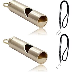 2 Pcs Brass Whistle with 17.3 Inch Black Lanyards Premium Emergency Survival Whistles for Outdoor Key Chain or Neck Carry Durable Brass Construction