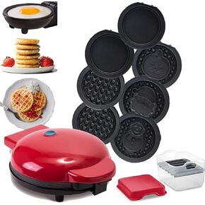 Mini Waffle Maker with Removable Interchangeable Plates. Best for Waffle and Pancake, with Storage Case for Seven Removable Plates