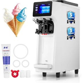 Commercial Ice Cream Machine, 1000W, 2.6-5.3 Gal/h Soft Serve Ice Cream Machine with 4L Hopper & 1.6L Cylinder, Pre-Cooling & Auto Clean, Touch LCD for Snack Restaurants Bars (white, standard)