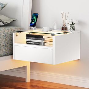 Black Floating Nightstand with Charging Station, Floating Night Stand with Charging Station and LED, Night Stand for Living Room, Entryway Wall, Bedroom (Single)