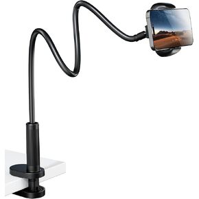 Gooseneck Phone Holder for Bed – 360° Flexible Adjustable Clamp, Long Arm Gooseneck Bracket for Desk Headboard Bedside, Compatible with iPhone 16 15 Pro Max XR X 8 7 & 3.5-7" Devices (Black)