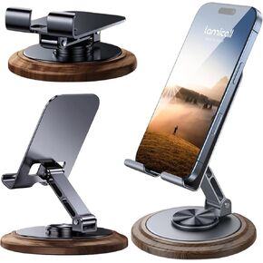 Adjustable Cell Phone Stand,Wooden Base Aluminum Desktop Cellphone Stand,Foldable Portable Phone Stand,Compatible with All Smartphones/Tablets/iPhones/iPads/Switches
