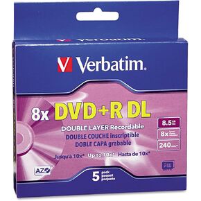 Verbatim 95311 Dual-Layer DVD+R Discs, 8.5GB, 8X, w/Jewel Cases, 5/Pack, Silver