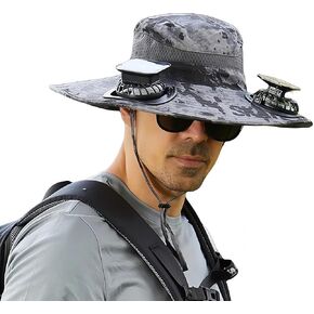Solar Fan Hat for Men Women,UPF50+ Sun Bucket Hat with 2 Solar Fans,Wide Brim Sun Hats for Outdoor Fishing,Hiking,Beach