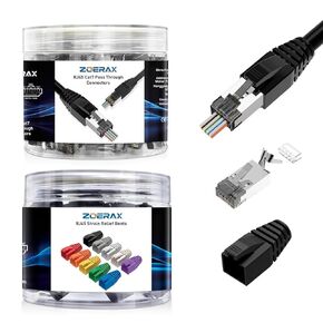 RJ45 Connectors, Ethernet Connector CAT6, CAT6A, and CAT7 RJ45 Pass Through Connectors & Strain Relief Boots 50-Pack (50 Connectors + 50 Boots) - Black