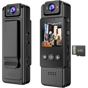 HD 1080P Body Camera Video Recorder WiFi Body Worn Cam with 180° Rotatable Lens Night Vision 64GB Memory Card for Law Enforcement Work Daily Camer
