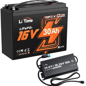LiTime 16V 30Ah Professional Fish Finder LiFePO4 Battery with Dual-channel Charger, Bluetooth 5.0, Built in BMS, 10 Years Lifetime 4000+ Cycles Perfect for Sonars, Radars, Marine Electronics