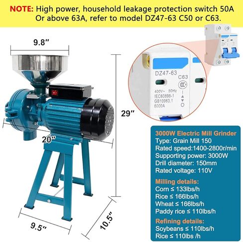 Grain Mills, Upgraded 3000W Wet Dry Cereals Grinder Electric Grain Grinder Corn Mill Heavy Duty 110V Commercial Grain Grinders Machine Rice Corn Grain Coffee Wheat Feed Mills with Funnel in Kuwait