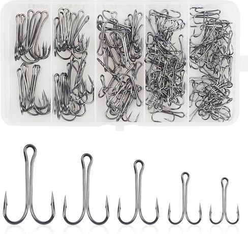 Classic Double Fishing Hooks Kit 30/140pcs Frog Hooks Fly Tying Fishing Hooks Sharp Open Shank 3X Strong High Carbon Steel Barbed Black Small Size for Saltwater and Freshwater in Kuwait