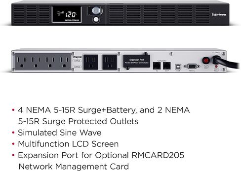 CyberPower OR500LCDRM1U Smart App LCD UPS Battery Backup and Surge Protector, 500VA/300W, 6 Outlets, AVR, 1U Rackmount, UL Certified in Saudi Arabia