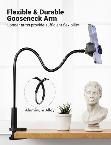 Gooseneck Phone Holder for Bed – 360° Flexible Adjustable Clamp, Long Arm Gooseneck Bracket for Desk Headboard Bedside, Compatible with iPhone 16 15 Pro Max XR X 8 7 & 3.5-7" Devices (Black) in Kuwait