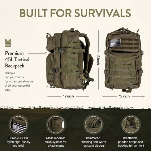 72-Hour Survival Kit | 45L Bug Out Bag | Survival Gear with First Aid, Water Filter, Food, Tools | Camping, Hiking, Outdoor Preparedness Equipment in Saudi Arabia