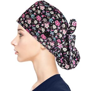Fesciory Adjustable Working Caps with Button & Sweatband, Women Ponytail Pouch Hats, Long Hair
