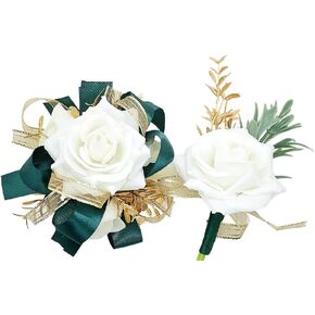 Ivory Rose Wrist Corsage Wristlet Band Bracelet and Men Boutonniere Set with Dark Green Ribbin for White Wedding Flower Accessories Prom Suit Decorations