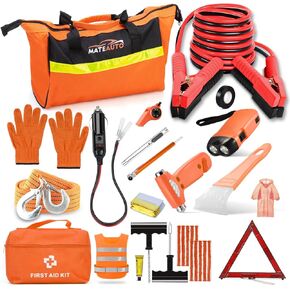 Emergency Car Kit,Roadside Emergency Car Kit,Car Emergency Kit with Jumper Cables, Tow Strap, Car Cigarette Lighter, First Aid Kit, Safety Hammer for Women