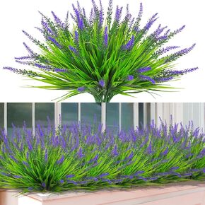10 Bundles Artificial Outdoor Plants UV Resistant Greenery Fake Monkey Grass with Lavender for Window Garden Office Patio Hanging Planter Decor (Purple)