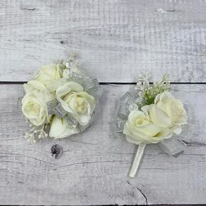 Ivory Rose Flower Wrist Corsage Boutonniere Set Bridesmaid Wrist Corsage Bracelet & Groom and Best Man Boutonniere for Wedding Flowers Accessories Prom Suit Decorations (Emerald)