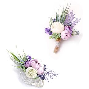 Purple Corsage and Boutonniere Set Artificial Rose Flower Wrist Corsage and Boutineers for Groom Groomsmen Bride Bridesmaids Prom Rustic Vintage Wedding Decor