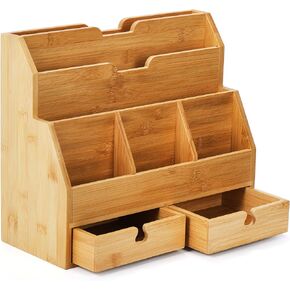 Youeon Bamboo Desk Mail Organizer with Drawers, 14x11x6 Inch Office Desk Organizer, Countertop Magazine File Holder, Desk Organizer and Sorter for File Letter Paper Office Supplies