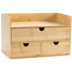 Desk Organizer with Drawers - Bamboo Desktop Organizer Storage | Wood Desk Drawers Organizer for Bills, Office Supplies, Cosmetics, Seals No Assembly Required (3 Drawer with Big Drawer)
