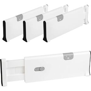 حزمة فواصل أدراج مكونة من 4 قطع، ملابس تنظيم أدراج بلاستيكية قابلة للتعديل والتوسيع، محملة بنابض، تعمل في منظم أدوات المطبخ، فواصل أدراج خزانة الملابس، ارتفاع 4 بوصات، 11-17.5 بوصة، أبيض in Kuwait