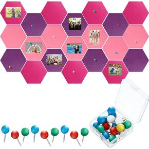 21 Pieces Pin Board Hexagon Felt Board Tiles Bulletin Board Memo Board Notice Board with 40 Pieces Push Pins for Home Office Classroom Wall Decor 5.9 x 7 Inches/ 15 x 17.7 cm (Rose Red, Purple, Pink)