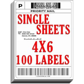 Shipping Labels 4X6 Inch - Shipping Label for Inkjet Printer and Laserjet, Mailing Postal Shipping Stickers 4X6 Printer Paper, White Opaque - Single Sheets (100 Count)