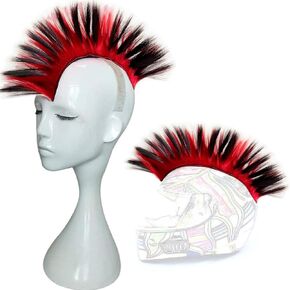 Helmet Mohawk Wig Adhesive Mohawk for Motorcycle Bicycle Ski Snowboard Helmet Hair Skinhead Costumes Cosplay Wig Rainbow Color (Helmet not Included) (black and red)