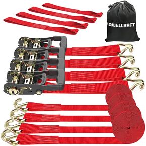 Ratchet Straps (4PK) - 4500lbs Breaking Strength 1.5''×15' Heavy Duty Tie Down Straps with Padded Handles, Double J Hooks & Soft Loops for Moving Motorcycle, Trailer & Trucks (Yellow)