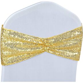 Poise3EHome Set of 50 Stretch Sequin Chair Sashes Bands Gold One-Sided Sequins Decorative Bows for Wedding Party Event Chair Covers