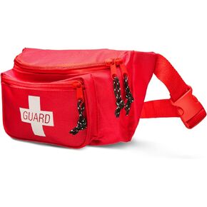 First Aid Empty Fanny Pack, 8"x2"x6", Waist Bag with 3 Zippered Compartments & Adjustable Strap for Lifeguard, Hiking, Travel Men & Women, Durable, Red