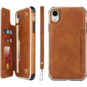 iCoverCase Wallet Case, with Card Slots Holder and Wrist Strap PU Leather Kickstand Double Magnetic Clasp Shockproof Cover Case for iPhone XR 6.1 Inch (Khaki)