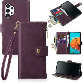 Antsturdy Samsung Galaxy A32 5G Wallet case with Card Holder for Women Men,Galaxy A32 5G Phone case RFID Blocking PU Leather Flip Shockproof Cover with Strap Zipper Credit Card Slots,Black