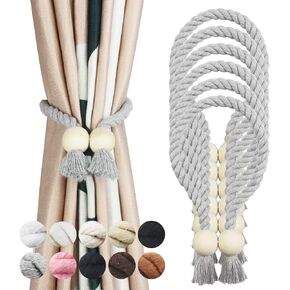 2 Pack Beige Magnetic Curtain Tiebacks Cotton Hand Woven Tieback Holdback Decorative Tie Backs for Drapes with Wooden Buckle No Tools Required