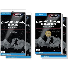 BCW Comic Book Bags and Boards | Comic Book Protection Combo: 200 Modern Comic Bags + 200 Comic Book Backing Boards | Ultimate Safeguard for Modern Comic Books | Plastic Protectors and Backer Boards