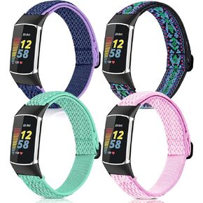 4 Pack Elastic Bands Compatible with Fitbit Charge 5 Wristbands Fitness Smart Watch, Soft Loop Nylon Adjustable Breathable Stretchy Replacement Straps for Fitbit Charge 5 Bands Women Men
