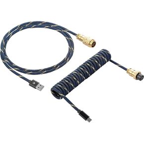 Foil Coiled USB C Keyboard Cable for Computer Keyboard, Double-Sleeved Mechanical Keyboard Cable with Detachable Metal Aviator, 1.5M USB-C to USB-A, Blue Color with Gold Aviator