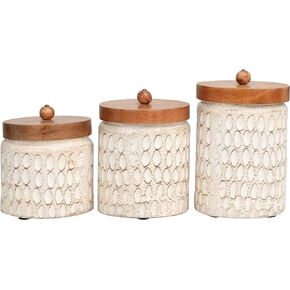 Deco 79 Paper Mache Geometric Handmade Carved Spotted Canisters with Brown Removable Lids, Set of 3 9, 8, 7"H, Cream