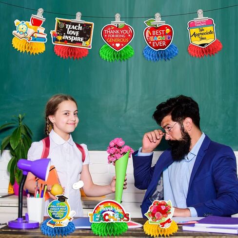 8pcs Teacher Appreciation Table Decorations, Teacher Appreciation Decorations, 3D Double Side Teacher Appreciation Week Decorations Honeycomb Centerpiece, Back to School Party Classroom Decor cocomigo in Kuwait