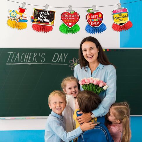 8pcs Teacher Appreciation Table Decorations, Teacher Appreciation Decorations, 3D Double Side Teacher Appreciation Week Decorations Honeycomb Centerpiece, Back to School Party Classroom Decor cocomigo in Kuwait